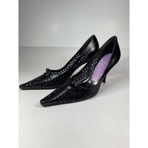 BCBGIRLS Black Perforated Leather Heels Size 9 Pointed Toe Y2K Dark Academia